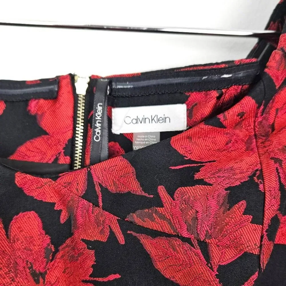 NWT CALVIN KLEIN Off The Shoulder Red & Black Brocade Fit & Flare Dress Size 10P - Picture 3 of 9